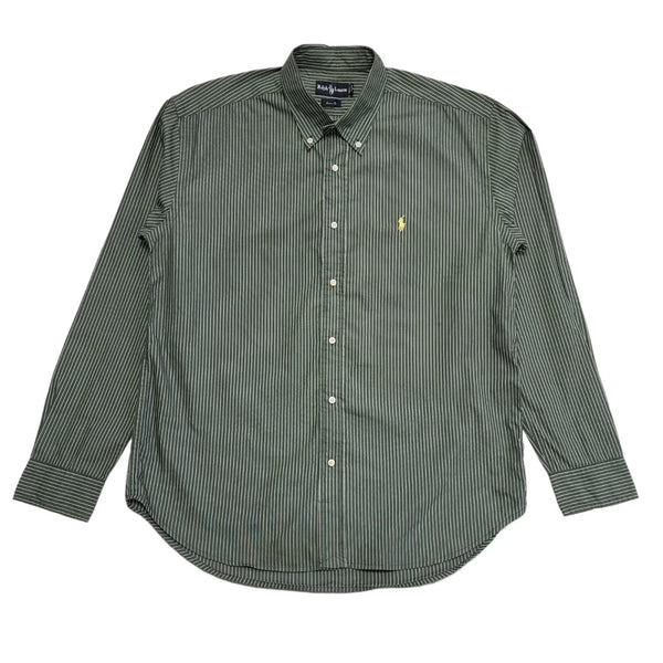 Ralph Lauren 90's Vintage Green Striped Long Sleeve Shirt Mens UK Size XL