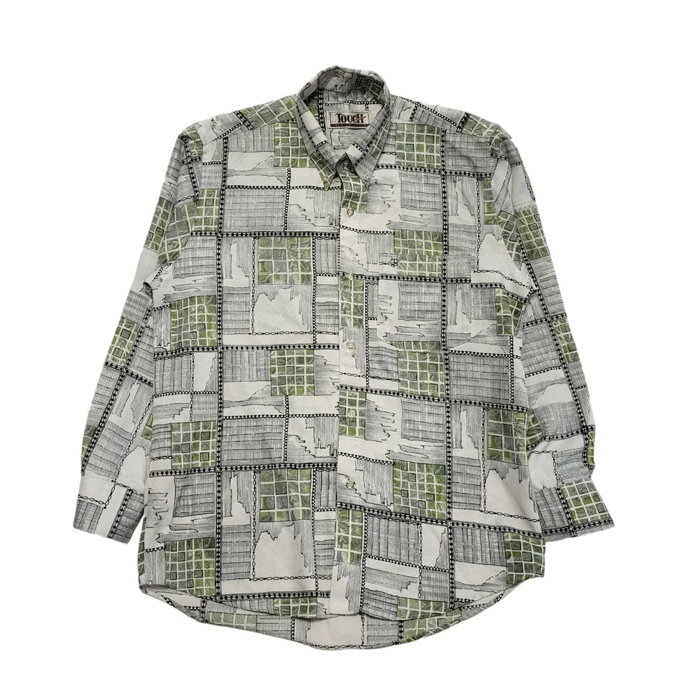 Touch 90s White & Green Abstract Long Sleeve Shirt Uk Men's Size Large