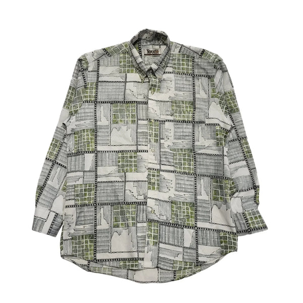 Touch 90s White & Green Abstract Long Sleeve Shirt Uk Men's Size Large
