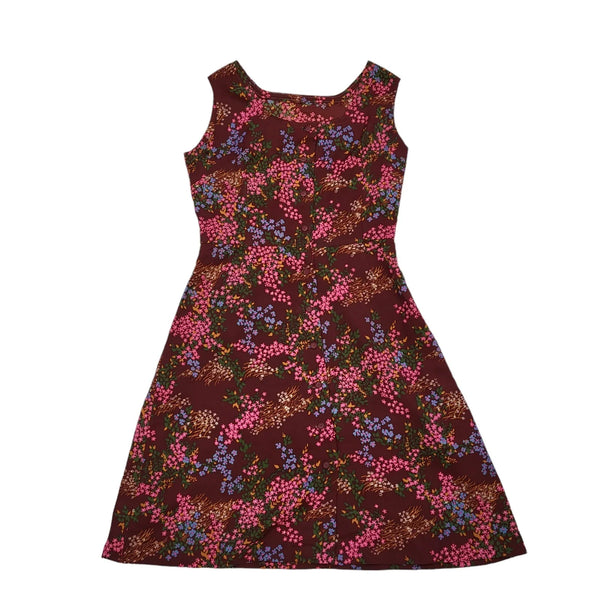60s Vintage Burgundy, Pink & Lilac Floral Daywear Dress Women's Size 12/14
