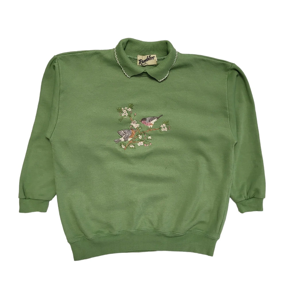 Rumblers Vintage 80s Green Bird Collared Sweatshirt Womens UK Size L