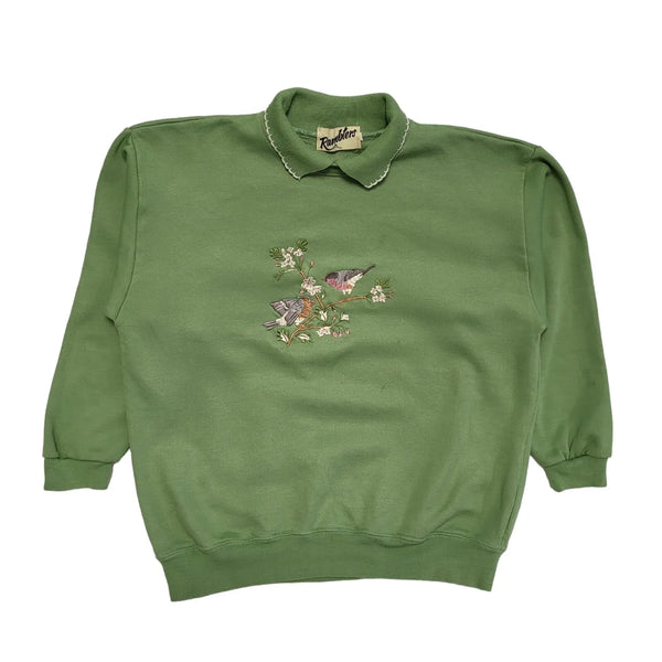 Rumblers Vintage 80s Green Bird Collared Sweatshirt Womens UK Size L