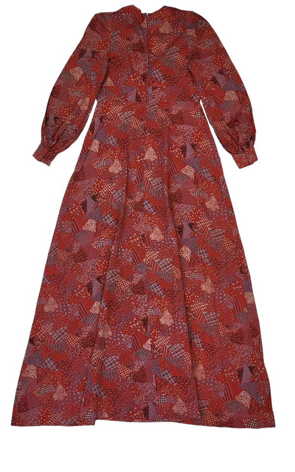 70s Vintage Red Patterned Cuffed Sleeve A-Line Maxi Dress Women's 12