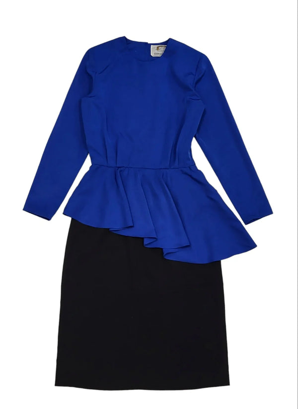 Simon Ellis 80s Vintage Blue & Black Peplum Evening Dress Women's Size 10