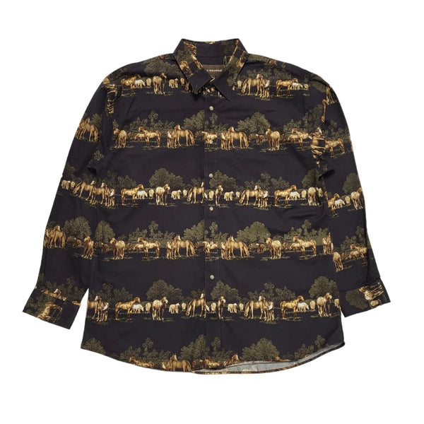 Bit & Bridle Vintage 80's Brown Horse Print Long Sleeve Shirt Men's UK Size L