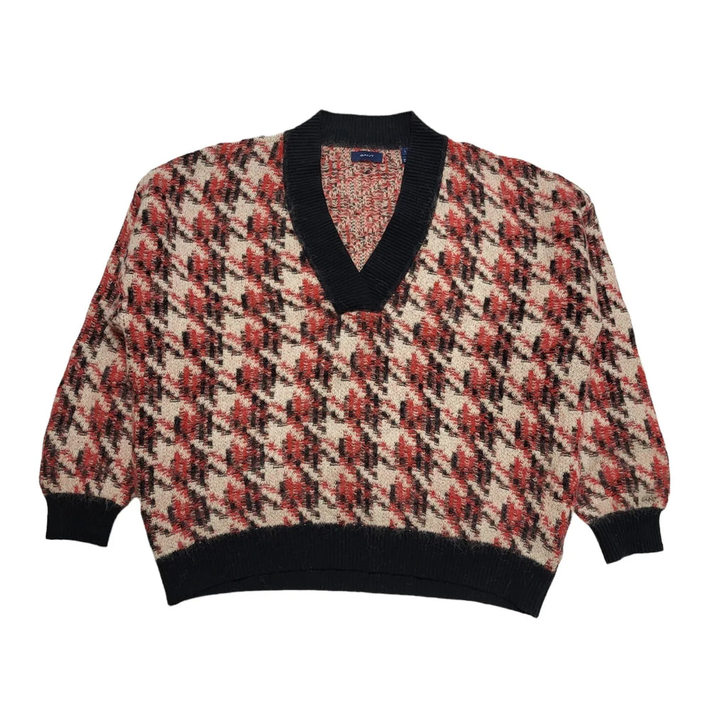Gant Pink Black Tight-Knit V-Neck Jumper Uk Women's Size Large BB832