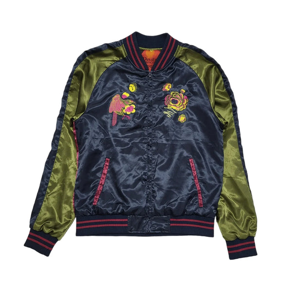 Devil's Advocate Navy Blue Floral Zipped Bomber Jacket Uk Women's Size S DD236