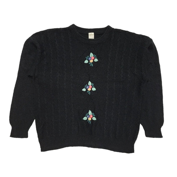 Littlewoods Vintage 80's Black Floral Knit Jumper UK Womens Size 14/16
