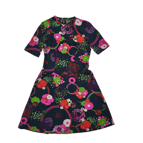 60s Vintage Black & Pink Floral Fit & Flare Dress Women's Size 10
