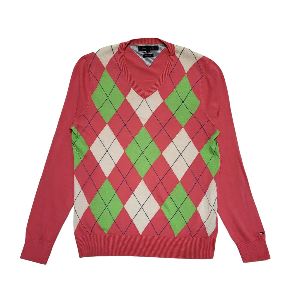 Tommy Hilfiger Pink & Green Argyle Jumper Long Sleeve Men's UK Size S CC207
