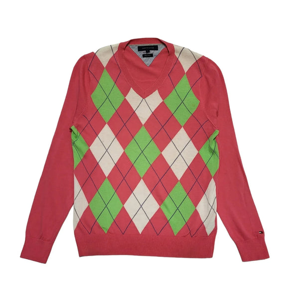 Tommy Hilfiger Pink & Green Argyle Jumper Long Sleeve Men's UK Size S CC207