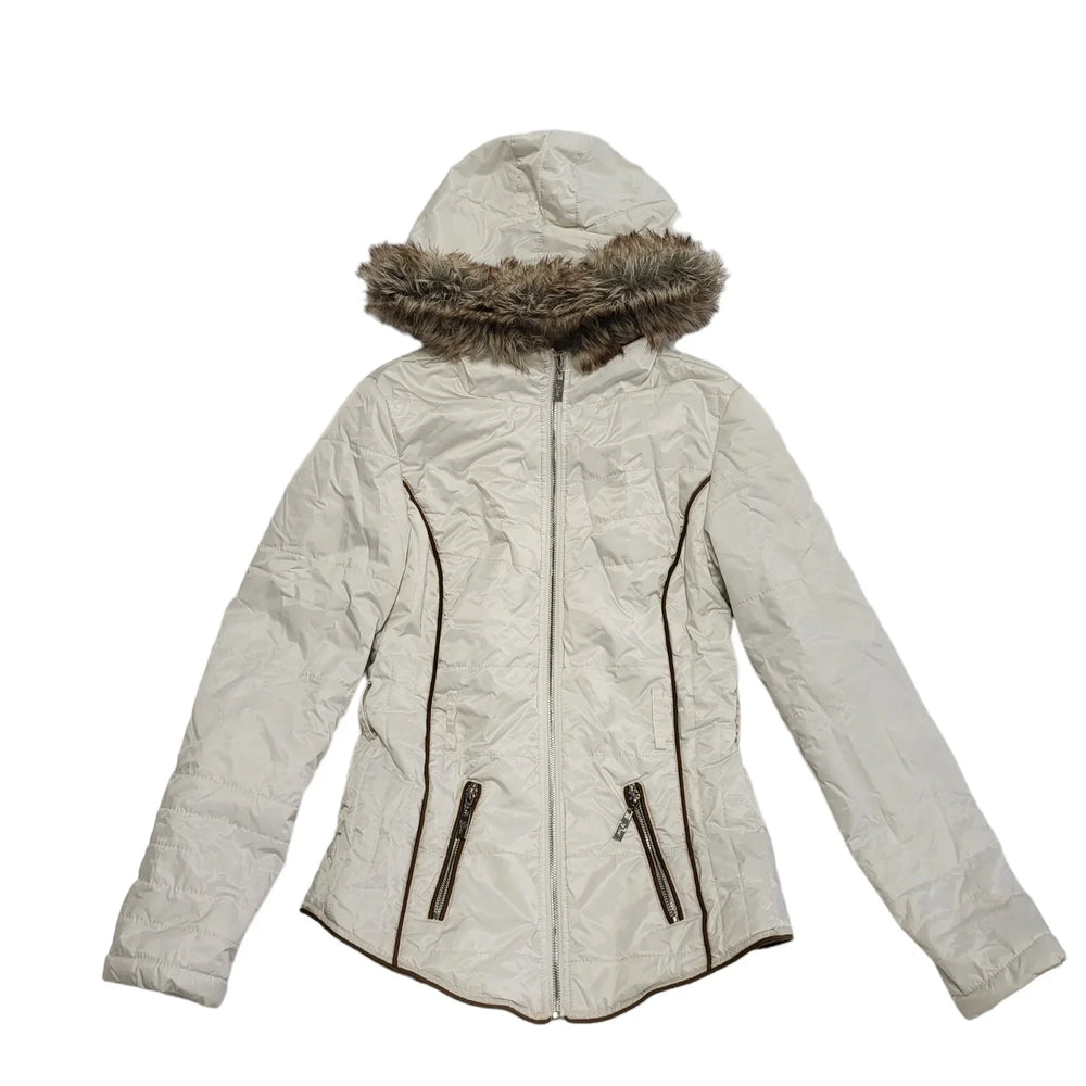 Guess white Zip Fasten Padded Fur Hooded Jacket UK Women's XS K272