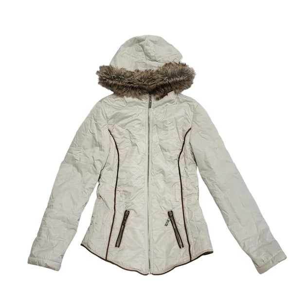 Guess white Zip Fasten Padded Fur Hooded Jacket UK Women's XS K272