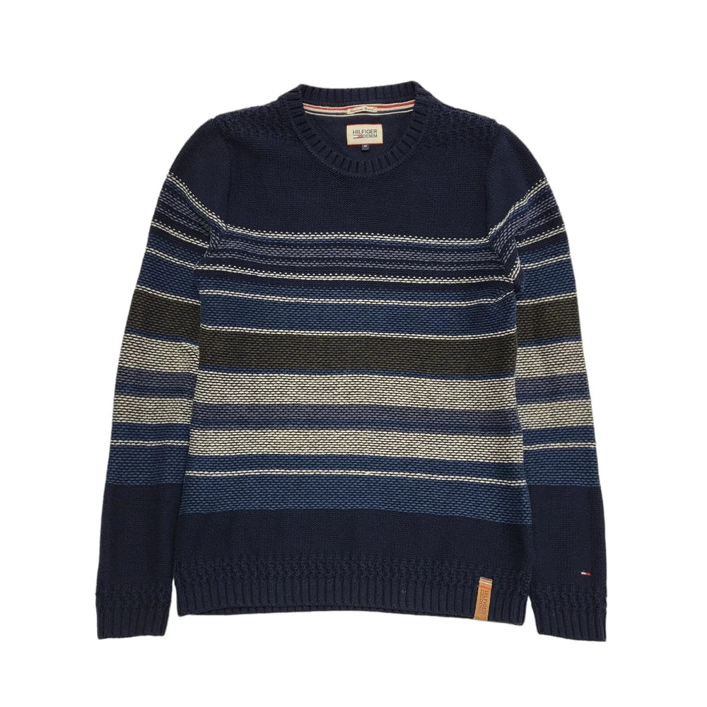 Hilfiger Denim Black Blue Striped Crew Neck Cotton Jumper Uk Men's M BB271