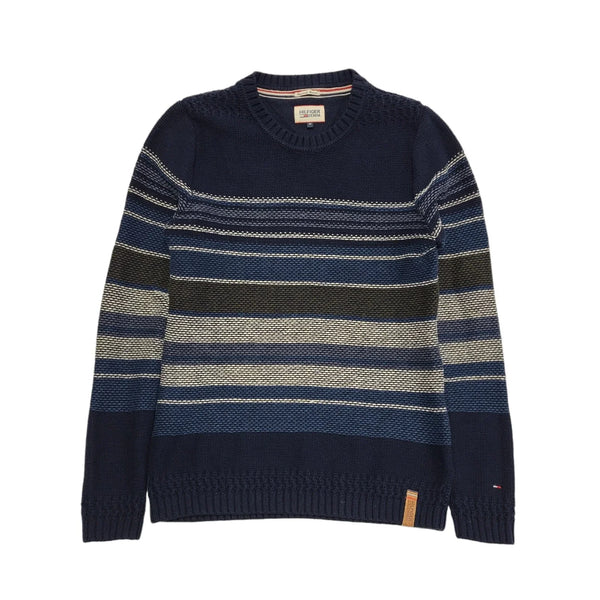 Hilfiger Denim Black Blue Striped Crew Neck Cotton Jumper Uk Men's M BB271