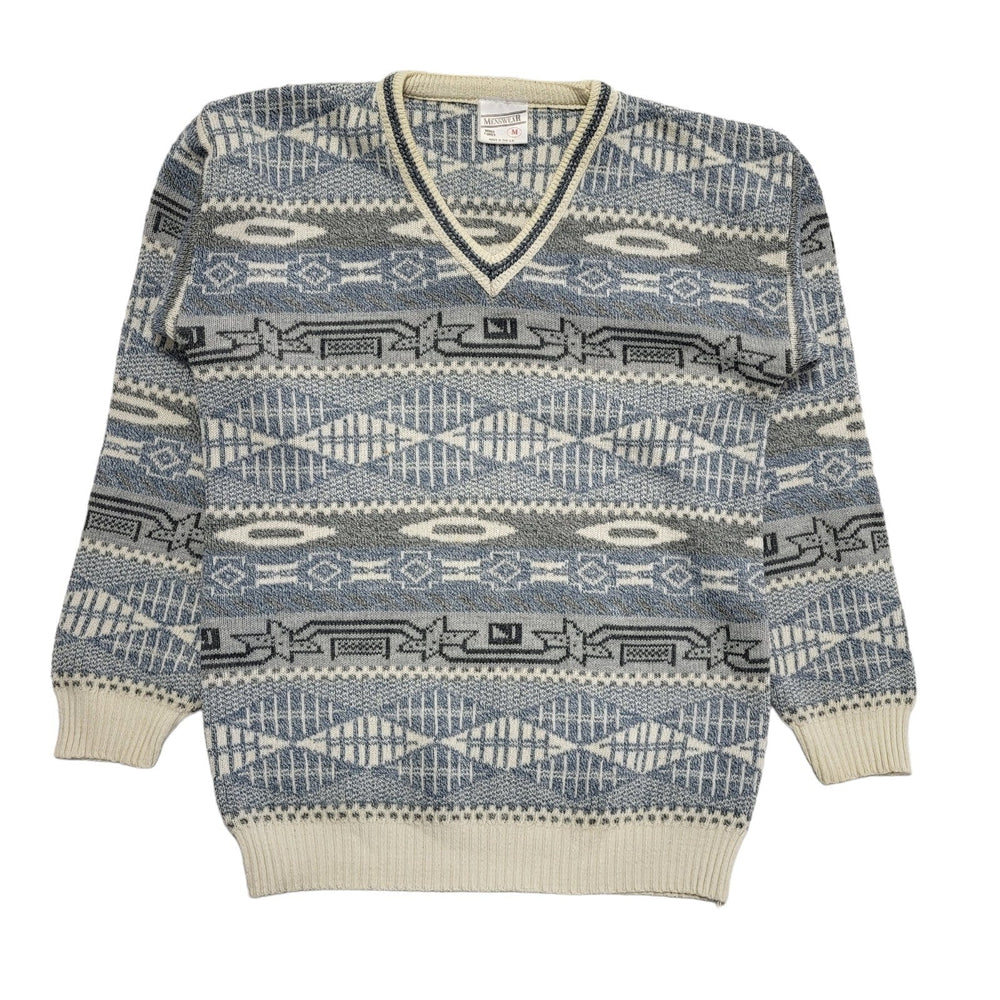 Menswear Vintage 80's Blue & White V-Neck Jumper Mens UK M