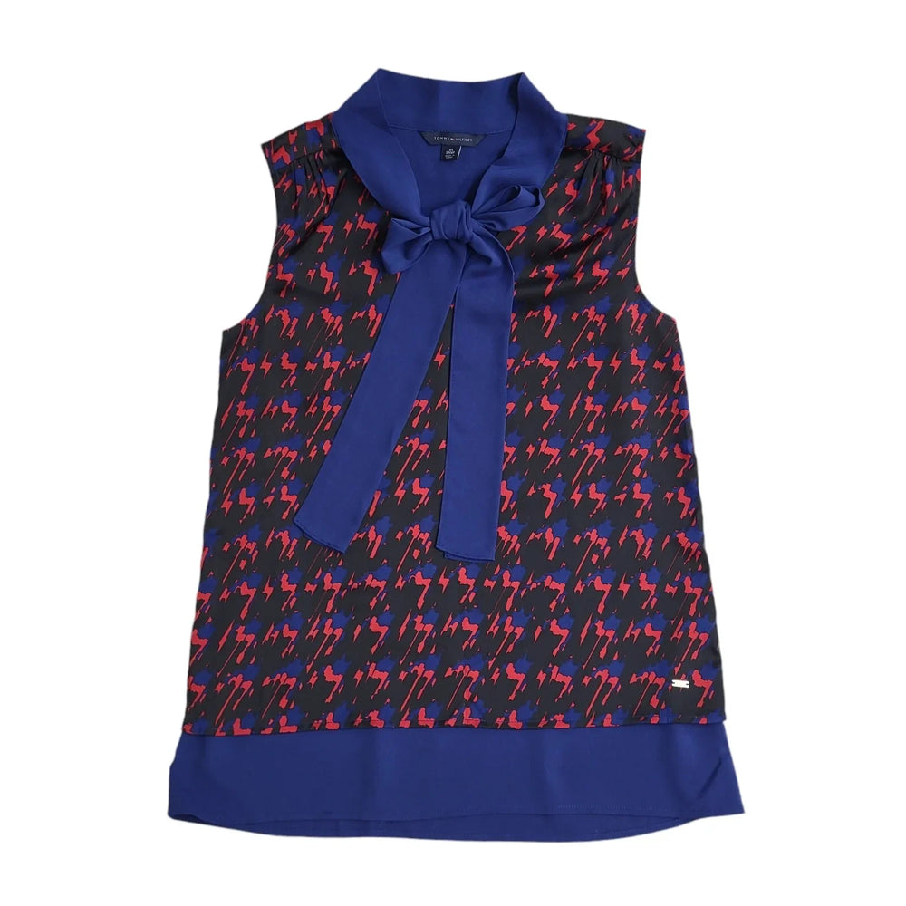 Tommy Hilfiger Blue, Black & Red Sleeveless Tie Neck Top Women's UK Size XS