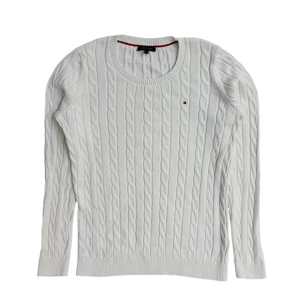 Tommy Hilfiger Y2K White Cable Knit Jumper UK Women's Size M