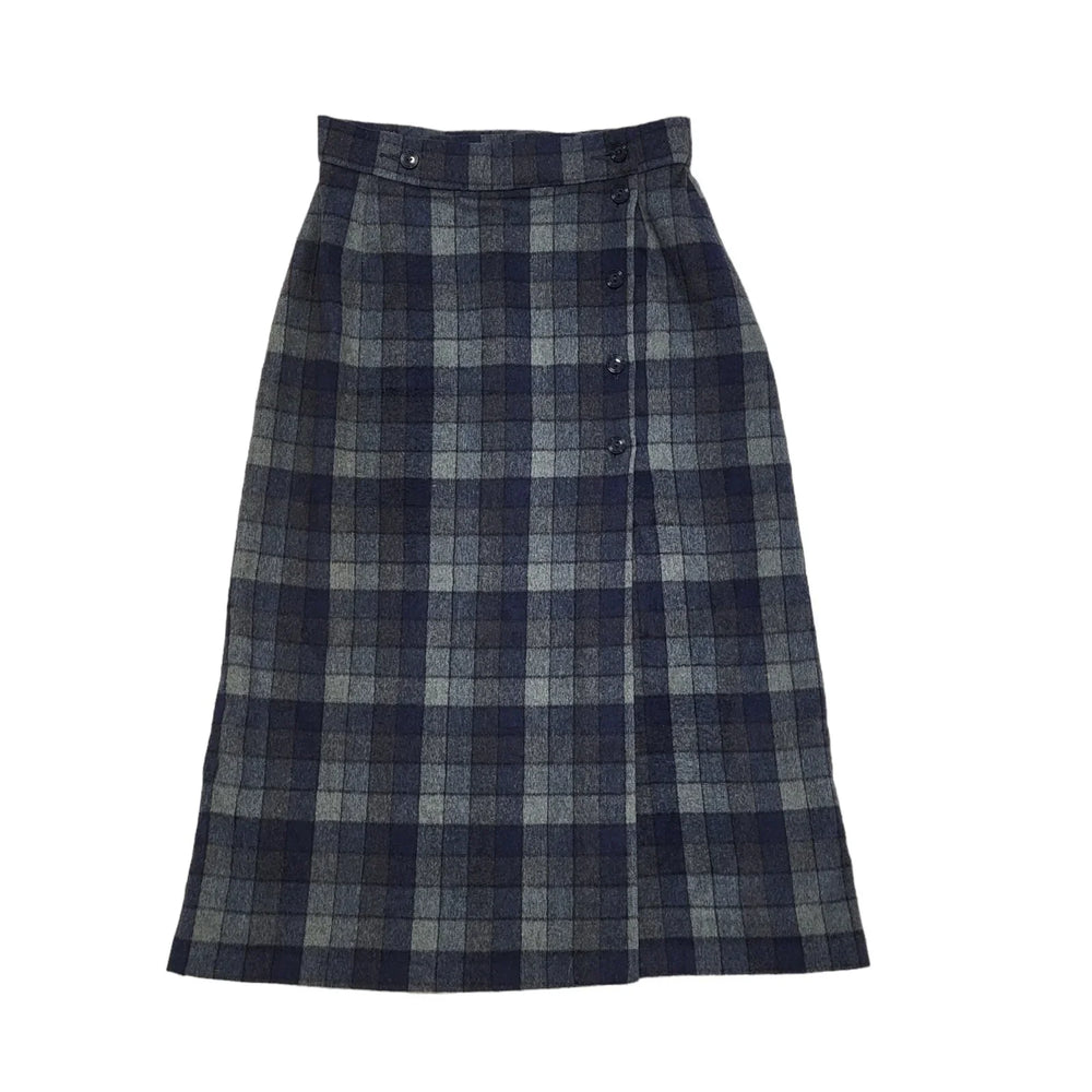 St Michael Vintage 80's Blue Check Button Front Wrap Skirt Women's UK 8 W25