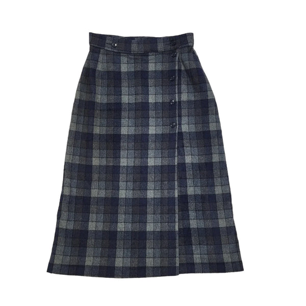 St Michael Vintage 80's Blue Check Button Front Wrap Skirt Women's UK 8 W25