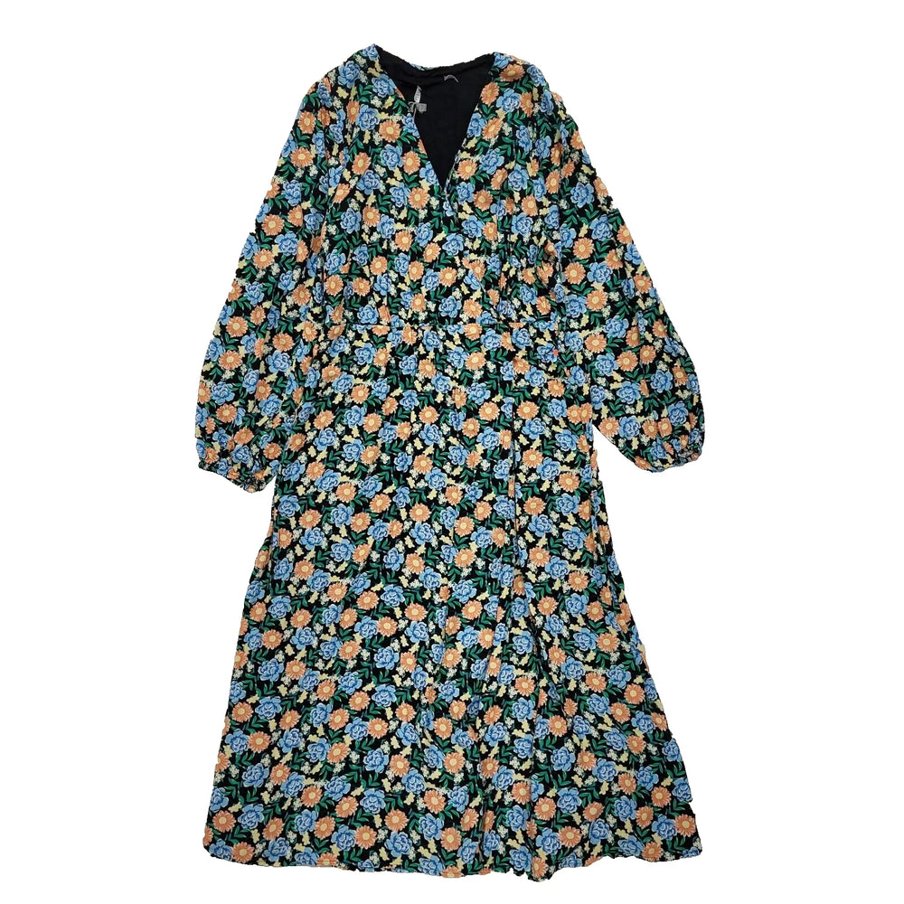 Oliver Bonas Black Blue Orange Floral Midi Dress Uk Women's L 12 Bnwt L335