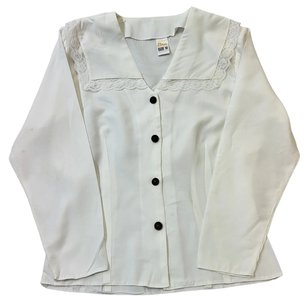 Etam 80s Vintage White Button Up Collared V-Neck Blouse Womens Size 10