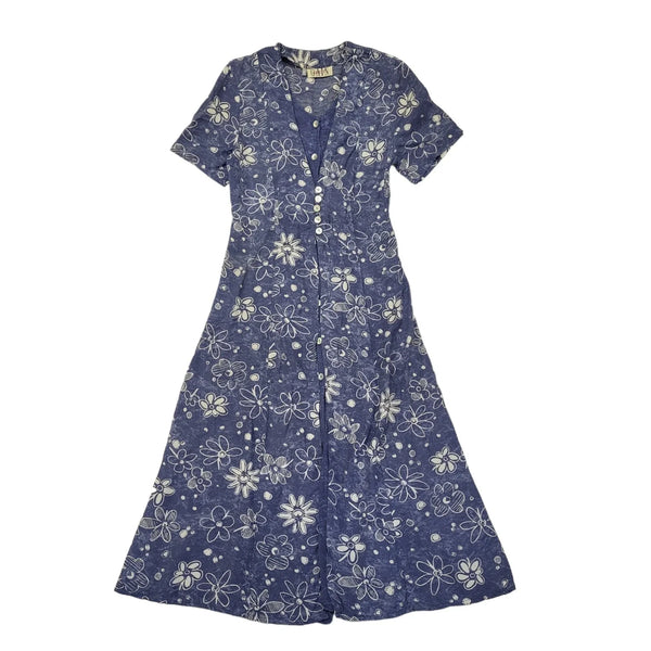 90s Vintage Get Gain Blue Floral Buttoned Daywear Dress Women's Size 10/12