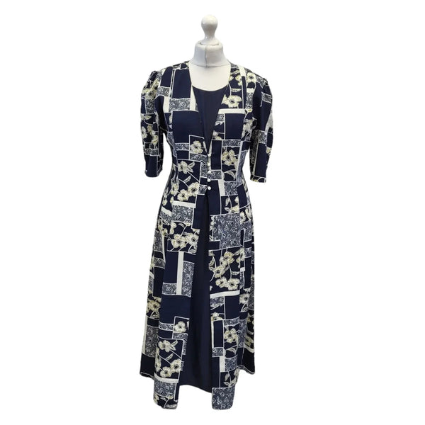 Exclusive 90s Vintage Blue White Floral Print Dress Women's Size 10 EU 38