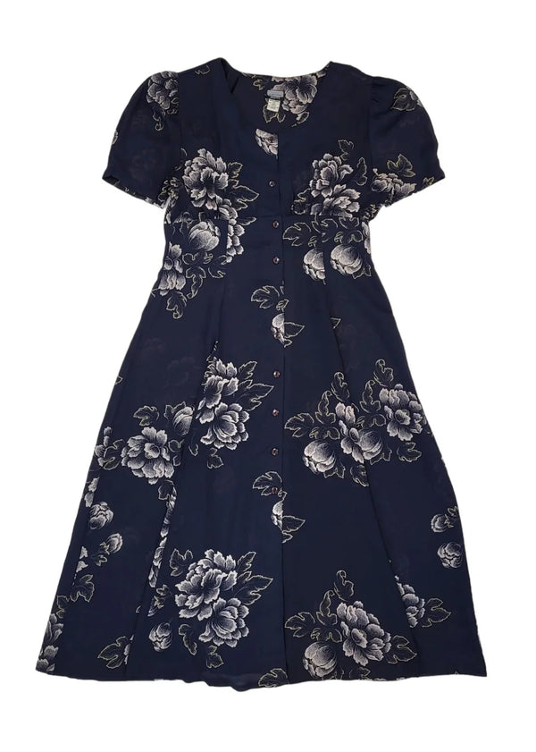90s Vintage Laurentino Navy Floral Buttoned Daywear Dress Women's Size 16