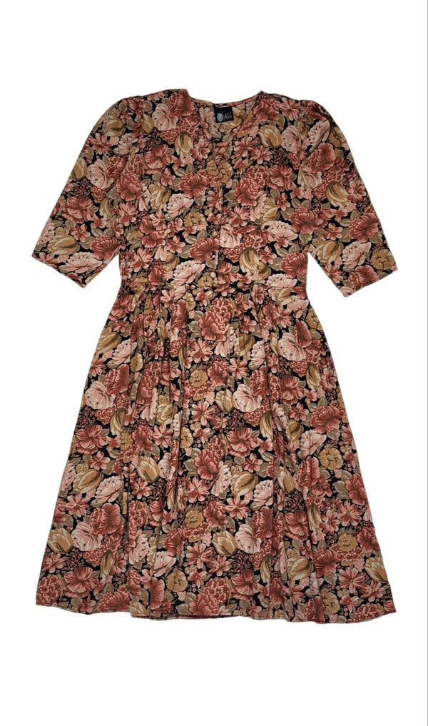 90s Vintage Sixth Sense Brown Floral Print Pleated Daywear Dress Women's Size 16