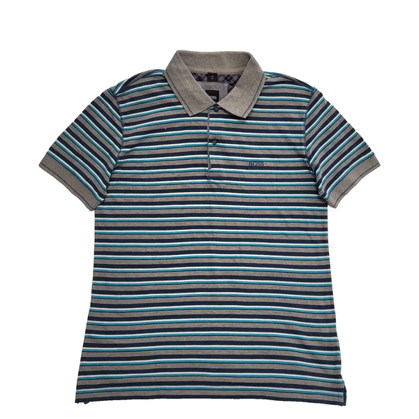 Hugo Boss Grey Striped Short Sleeve Slim Fit Polo Shirt UK Men's Small K426