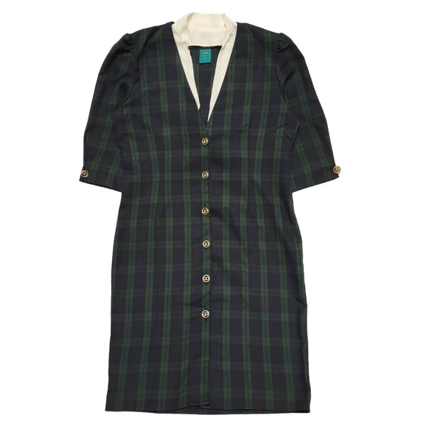 Canda Vintage 70s Blue Green Check 3/4 Sleeve Dress Uk Women's Size 14 W32