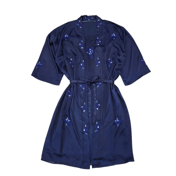 Vintage Navy Floral Dressing Gown & Slip Dress Womens UK 14