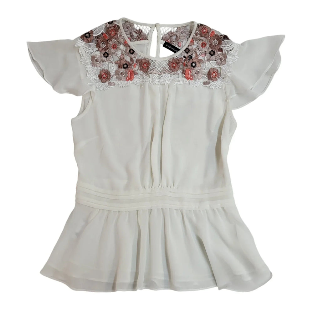 Karen Millen White Floral Round Neck Short Sleeve T-Shirt Women's Size 10 EE203