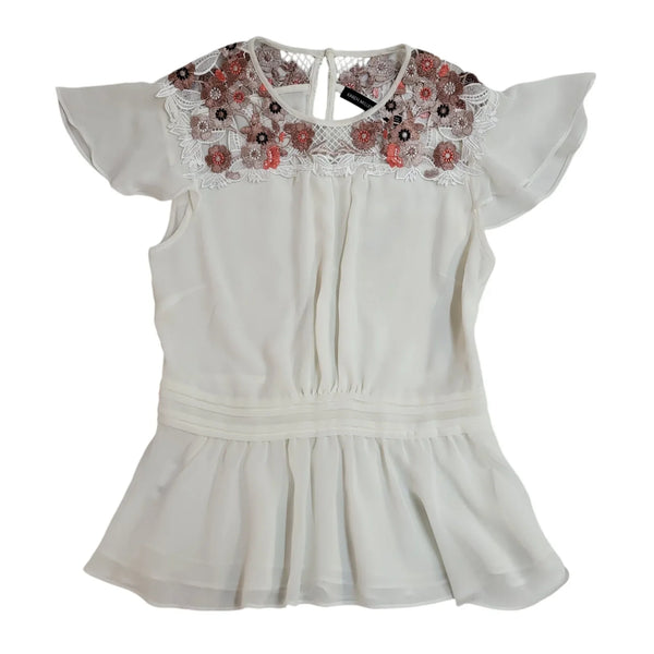 Karen Millen White Floral Round Neck Short Sleeve T-Shirt Women's Size 10 EE203