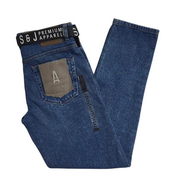 S&J Blue Belted Tapered Leg Jeans Men's UK Size M W32 L32 BNWT EE730