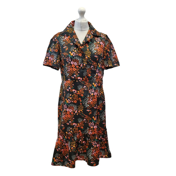 70s Vintage Black & Pink Floral Dress Women's Size 14 EU 42
