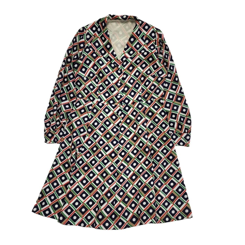 70s Vintage Blue, White, Green & Brown Geometric Collared Dress Women's 14
