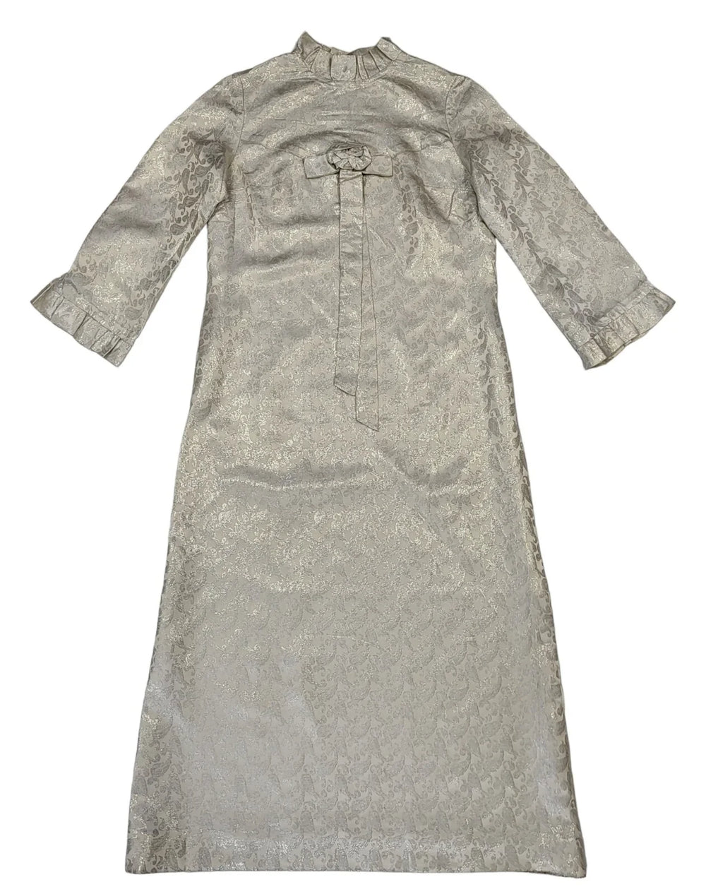 70s Vintage Beige & Silver Stitched Paisley Maxi Dress Women's Size 14