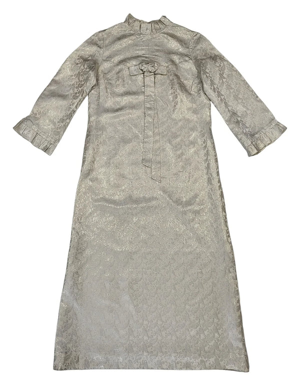 70s Vintage Beige & Silver Stitched Paisley Maxi Dress Women's Size 14