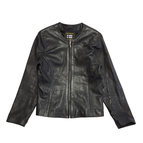 Real Leather Black 90s Vintage Zipped Leather Jacket Uk Women's Size 12