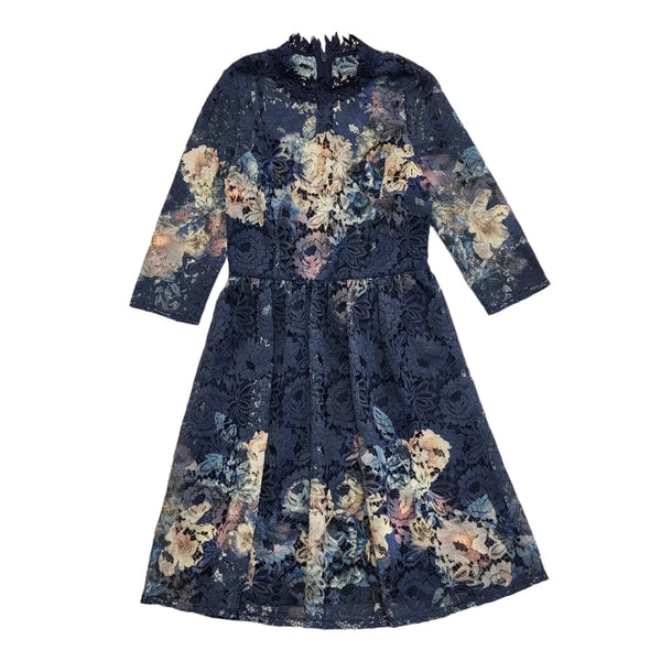 Little Mistress Blue Floral 3/4 Sleeve Fit & Flare Dress Women's Size 10 DD848