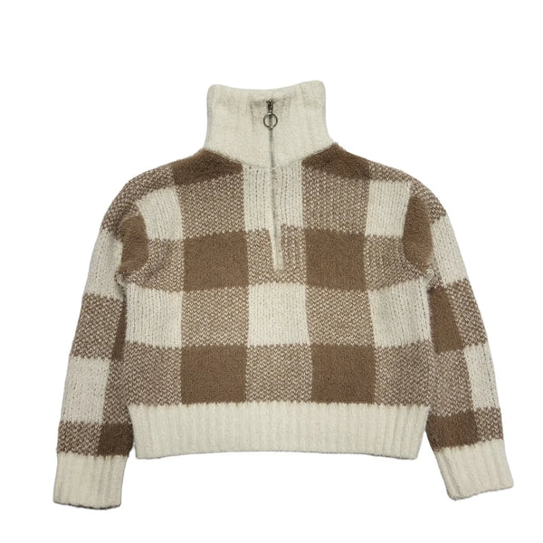 Jessica Simpson 1/4 Zip Jumper Brown & White Checked Womens UK S BB545