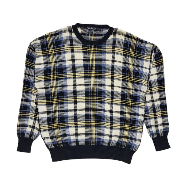 Nautica Vintage 90s Blue & White Check Crew Neck Jumper Uk Men's Size XL