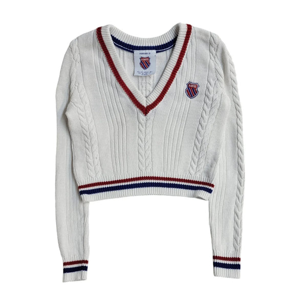 Forever 21 Vintage Y2K White V-Neck Jumper UK Women's Size Small