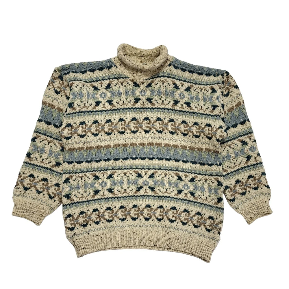 Vintage 80's Beige & Green Roll Neck Jumper Mens UK Size L