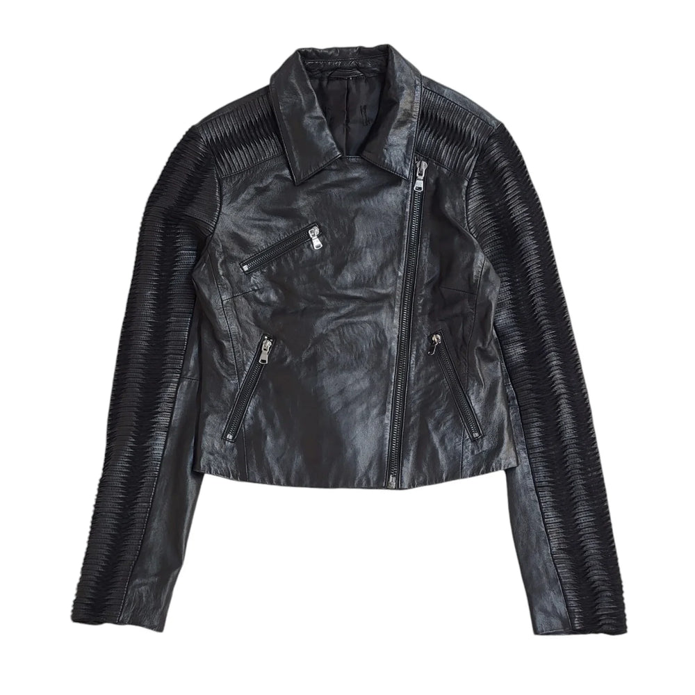 Vintage Black Zipped Leather Jacket UK Women's 10 EE465