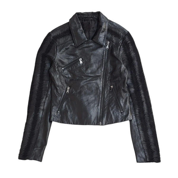 Vintage Black Zipped Leather Jacket UK Women's 10 EE465