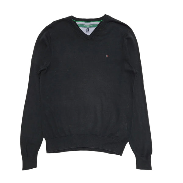 Tommy Hilfiger Black V-Neck L/Sleeve Knit Slim Cotton Jumper Men's XS H495