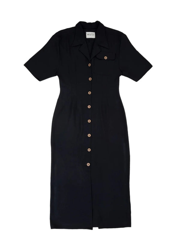 90s Vintage Wallis Black Buttoned Collared Daywear Dress Women's Size 10